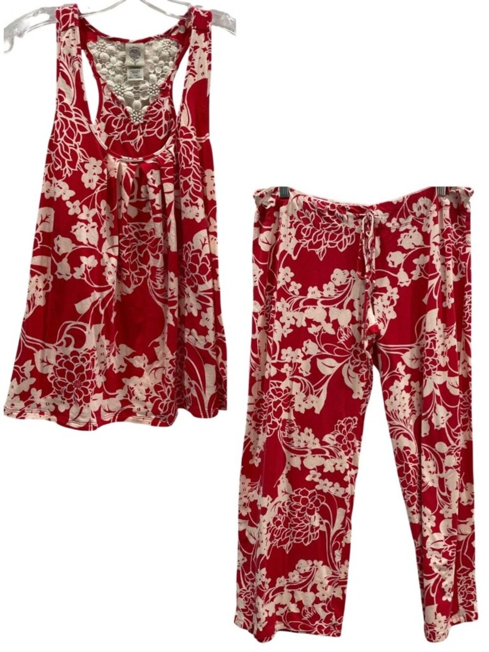 In Bloom Lace Floral Pajama Set L Red White Loungewear Sleepwear Cotton Blend